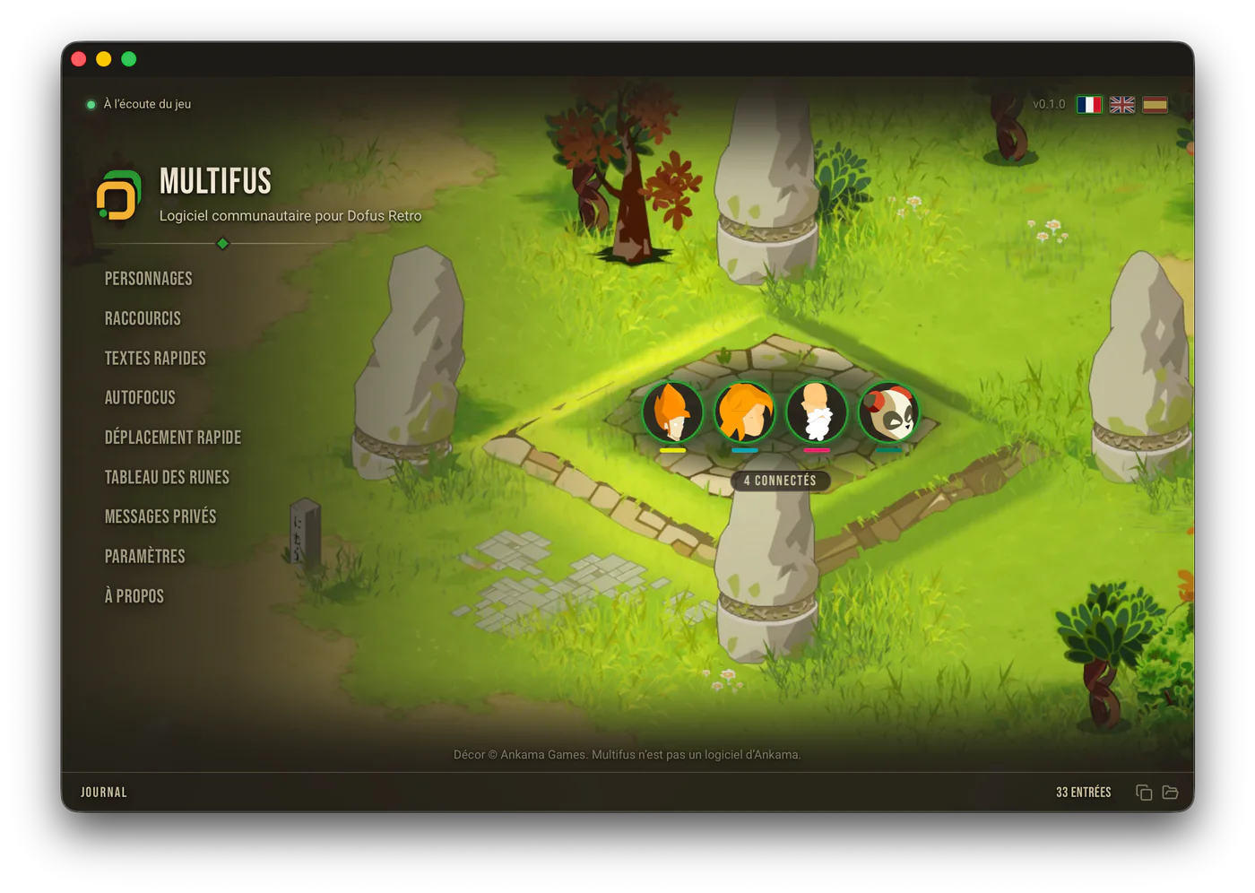 La fenêtre de Multifus sur Mac, avec le menu des fonctionnalités à gauche et quatre personnages connectés au centre.
