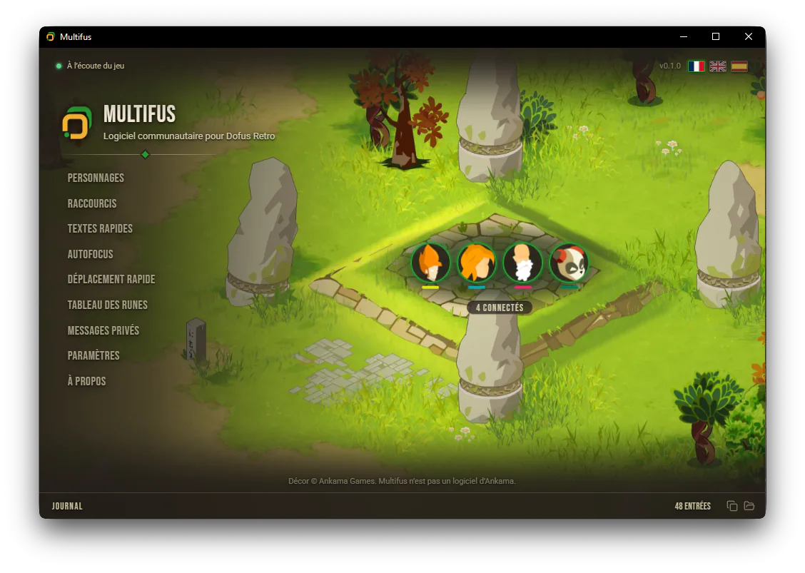 La fenêtre de Multifus sur Windows, avec le menu des fonctionnalités à gauche et quatre personnages connectés au centre.